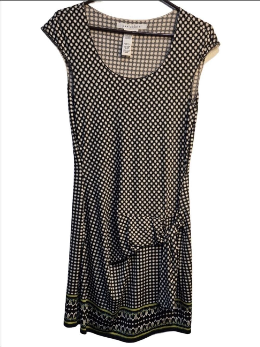 Max Studio Black and White Polka Dot Dress with Neon Trim And A Side Tie Detail